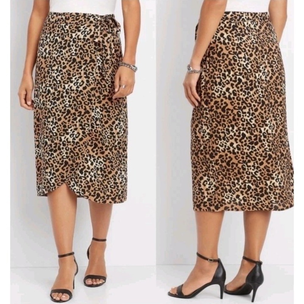 Leopard Print Women's 24W Plus Wrap Skirt Midi Bow Rayon Capsule Elevated Basic